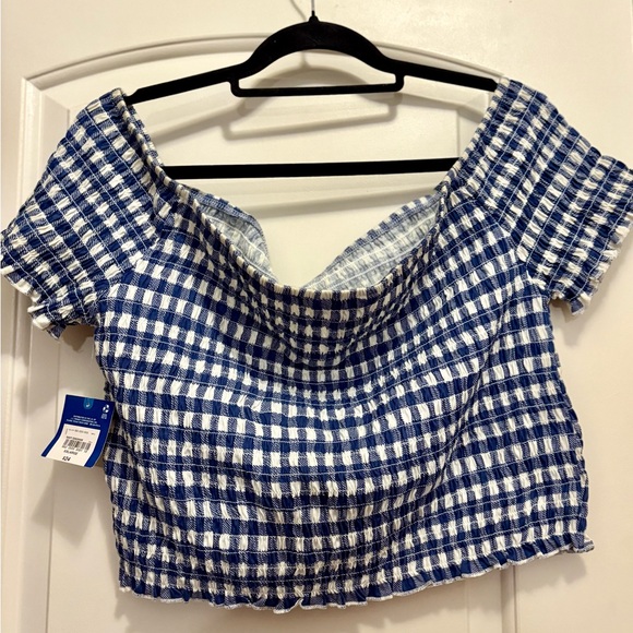 Arizona Jean Company Blue and White Plaid Off-Shoulder Top - Picture 5 of 5